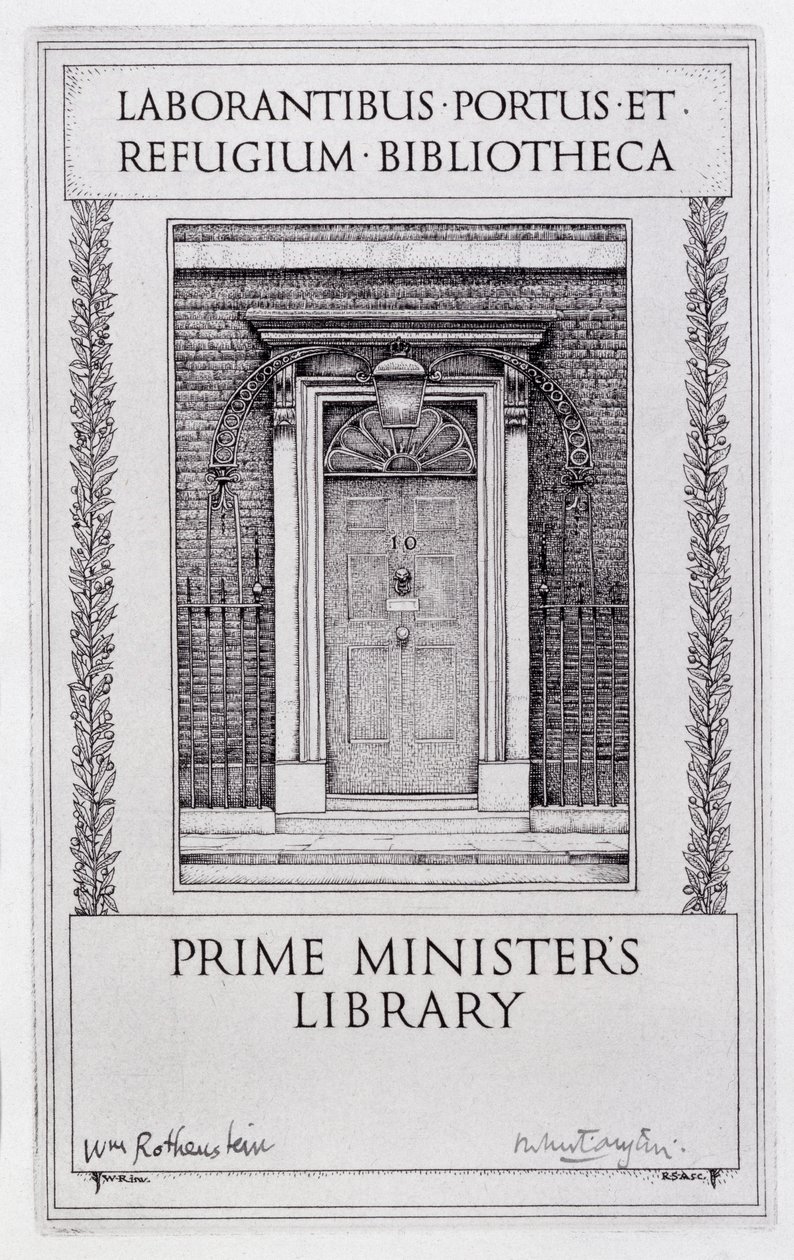 Bokplate for statsministerens bibliotek, gravert av Robert Sargent Austin (1895-1973) (gravering) av William (after) Rothenstein