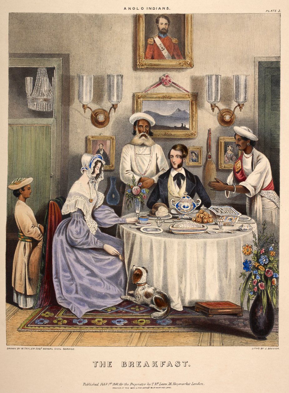 Frokosten. Et ungt ektepar (en embetsmann i Øst-India-kompaniet og hans kone) spiser frokost på stekt fisk, ris og Sylhet-appelsiner, med tjenere til stede. Litografi av J. Bouvier. av William (after) Tayler