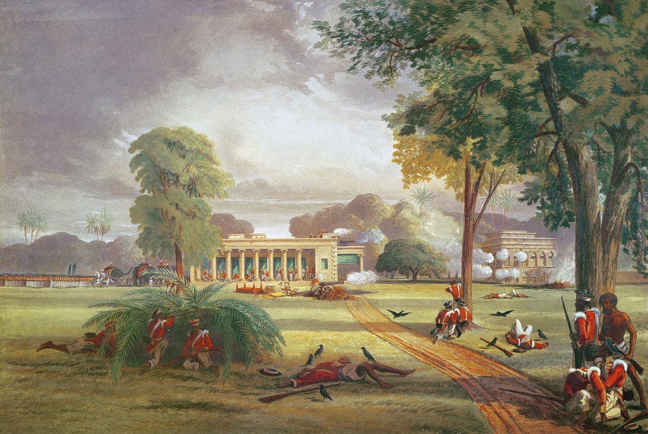Forsvar av Arrah-huset i 1857 (farge litho) av William (after) Taylor