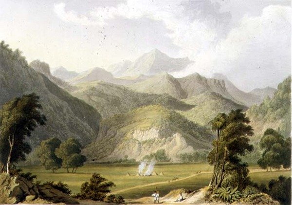 Approach to the Bore Ghaut, fra et maleri av oberstløytnant Johnson, gravert av T. Fielding og fargelagt av J.B. Hogarth (litho) av William (after) Westall