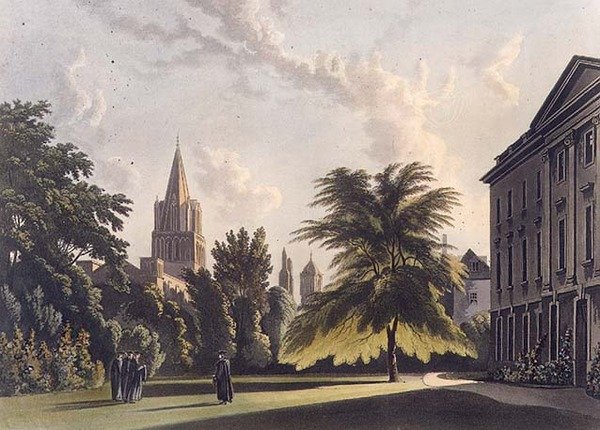 Eksteriør av Corpus Christi College og Christ Church Cathedral, illustrasjon fra 