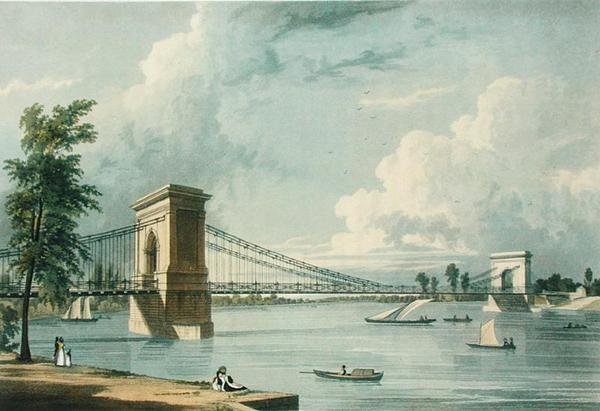 Suspension Bridge, Hammersmith, fra Ackermanns 'Microcosm of London', gravert av J. Baily av William (after) Westall