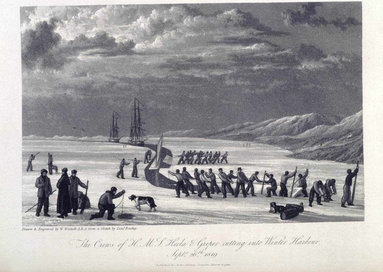 Mannskapet på H.M.S. Hecla og Griper skjærer inn i vinterhavnen, 26. september 1819, illustrasjon fra 