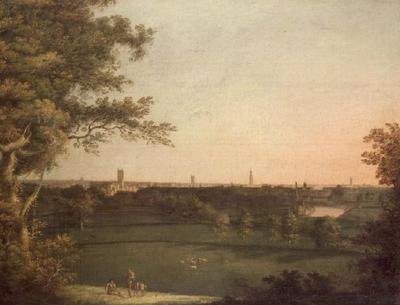En utsikt over Manchester med figurer i forgrunnen av William (attr. to) Bellers