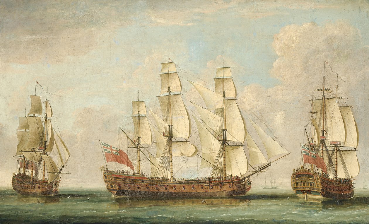 The Honorable [East India] Companys skip Bessborough i tre posisjoner i kanalen med dekkene overfylt med mennesker (olje på lerret) av William (attr. to) Elliott