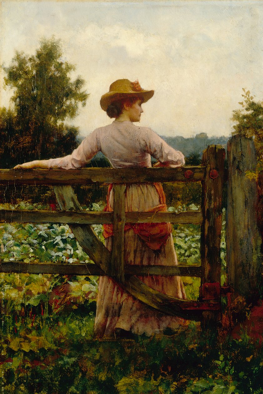 The Trysting Place, kvinne lener seg på porten (olje på panel) av William A. Breakspeare
