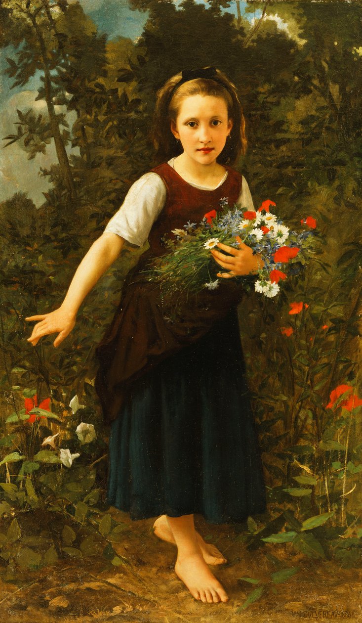 Liten pike ved bekken som holder et skjold med blomster, 1886 av William Adolphe Bouguereau