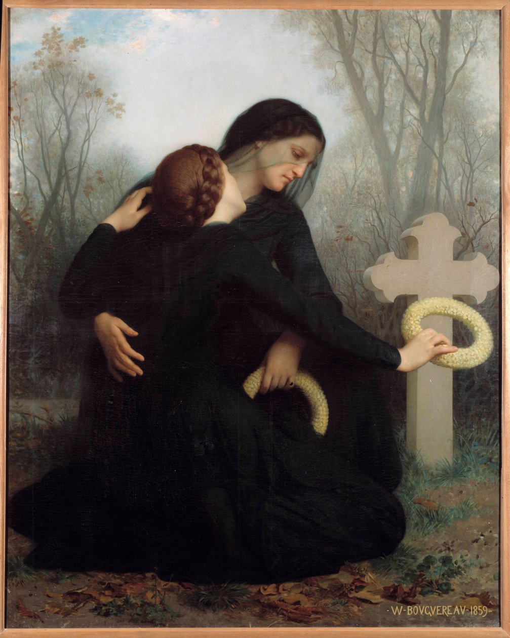 Dødsdagen En mor og datter foran graven til den avdøde faren og ektemannen (?). Maleri av William Adolphe Bouguereau (1825-1905) Søn. 1,20 x 1,47 m. Bordeaux. Museum of Fine Arts av William Adolphe Bouguereau