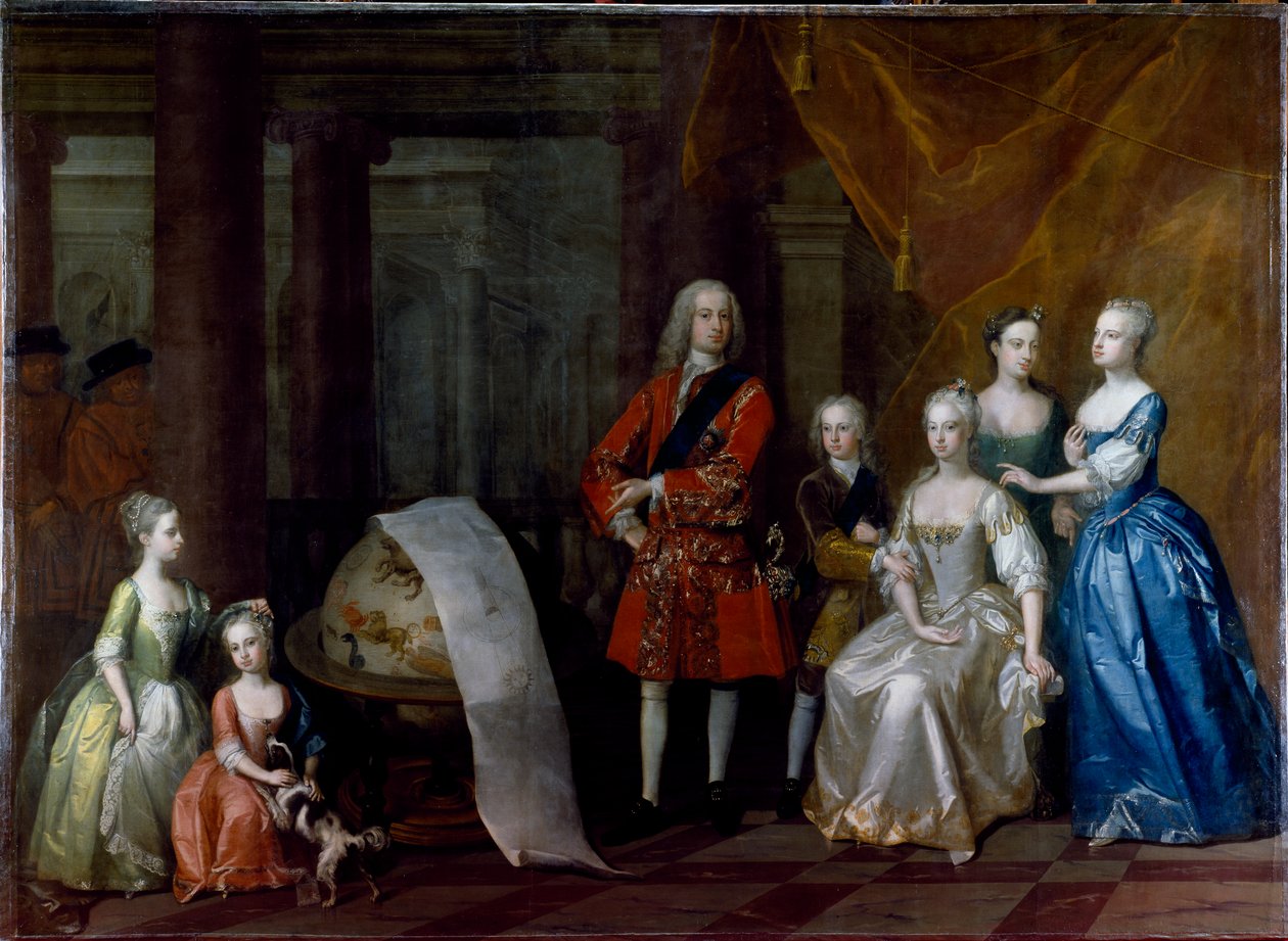 Gruppeportrett av Frederick, Prince of Wales, med broren hertugen av Cumberland og deres fem søstre av William Aikman