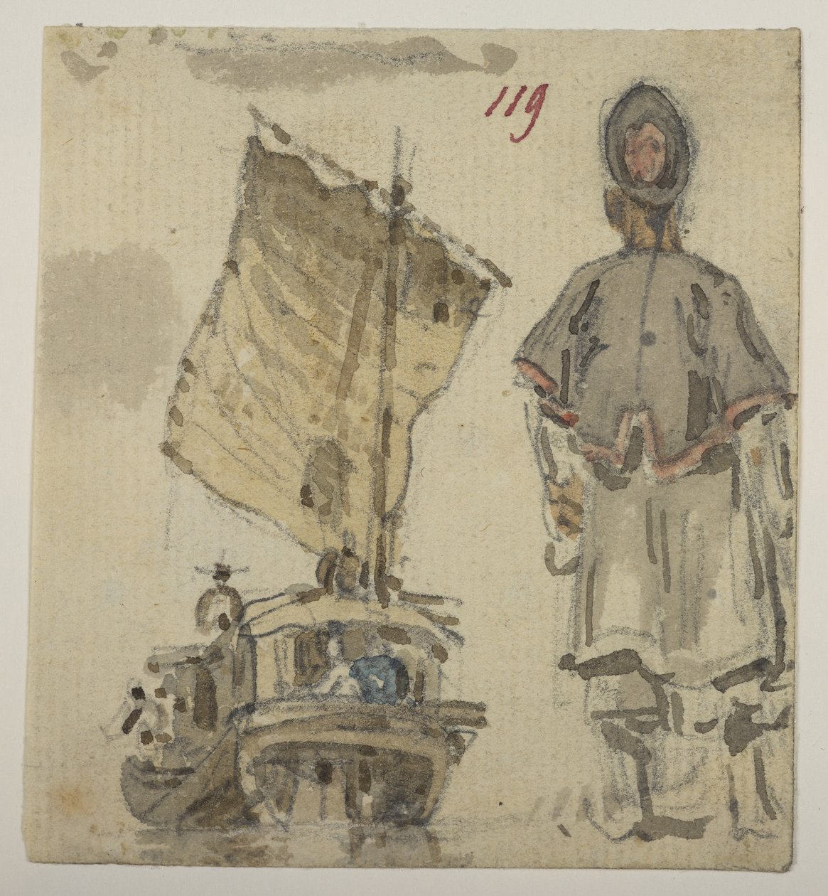 119 Båt- og figurstudier, fra et album med 372 tegninger av landskap, kystlinjer, kostymer og hverdagsliv laget under Lord Macartneys ambassade til keiseren av Kina, mellom 1792 og 1794 (blyant og akvarell på papir) av William Alexander