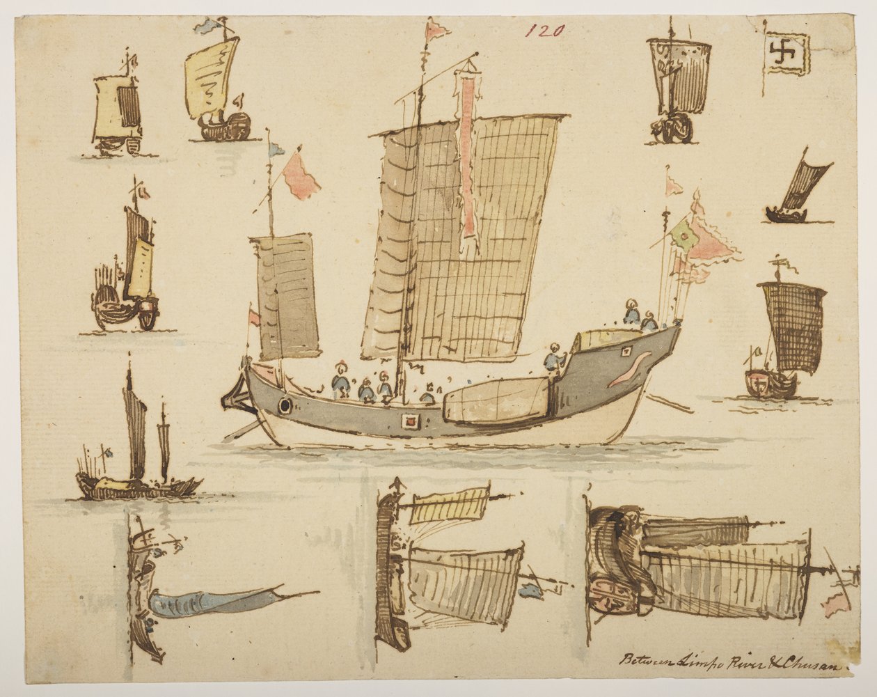 120 båter «between Limpo River & Chusan.», fra et album med 372 tegninger av landskap, kystlinjer, kostymer og hverdagsliv laget under Lord Macartneys ambassade til keiseren av Kina, mellom 1792 og 1794 (blyant og akvarell på papir) av William Alexander