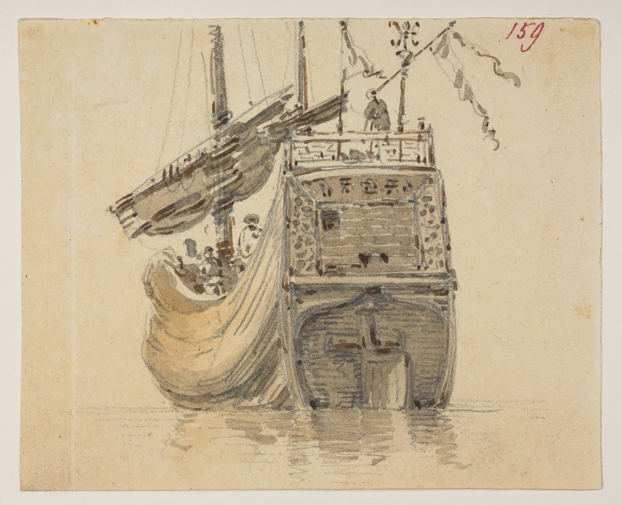 159 En båt.  , fra et album med 372 tegninger av landskap, kystlinjer, kostymer og hverdagsliv laget under Lord Macartneys ambassade til keiseren av Kina, mellom 1792 og 1794 (blyant og akvarell på papir) av William Alexander