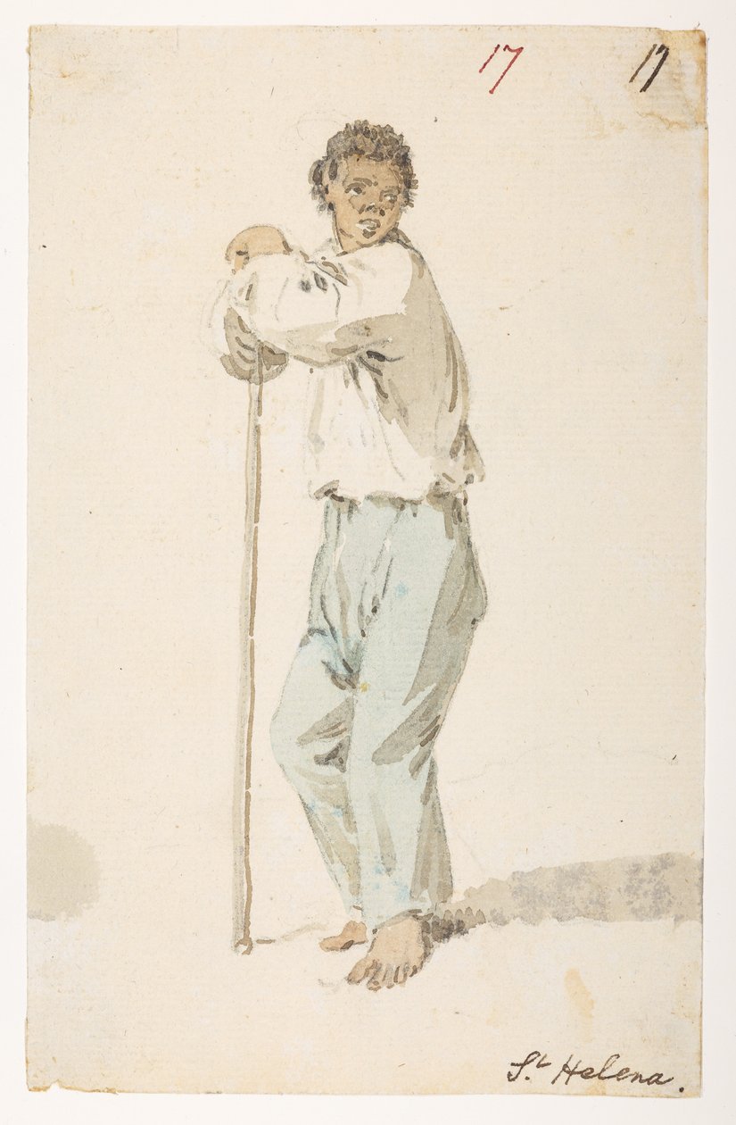 17 innbyggere i ‘St. Helena.’  fra et album med 372 tegninger av landskap, kystlinjer, kostymer og hverdagsliv laget under Lord Macartneys ambassade til keiseren av Kina, mellom 1792 og 1794 (blyant og akvarell på papir) av William Alexander