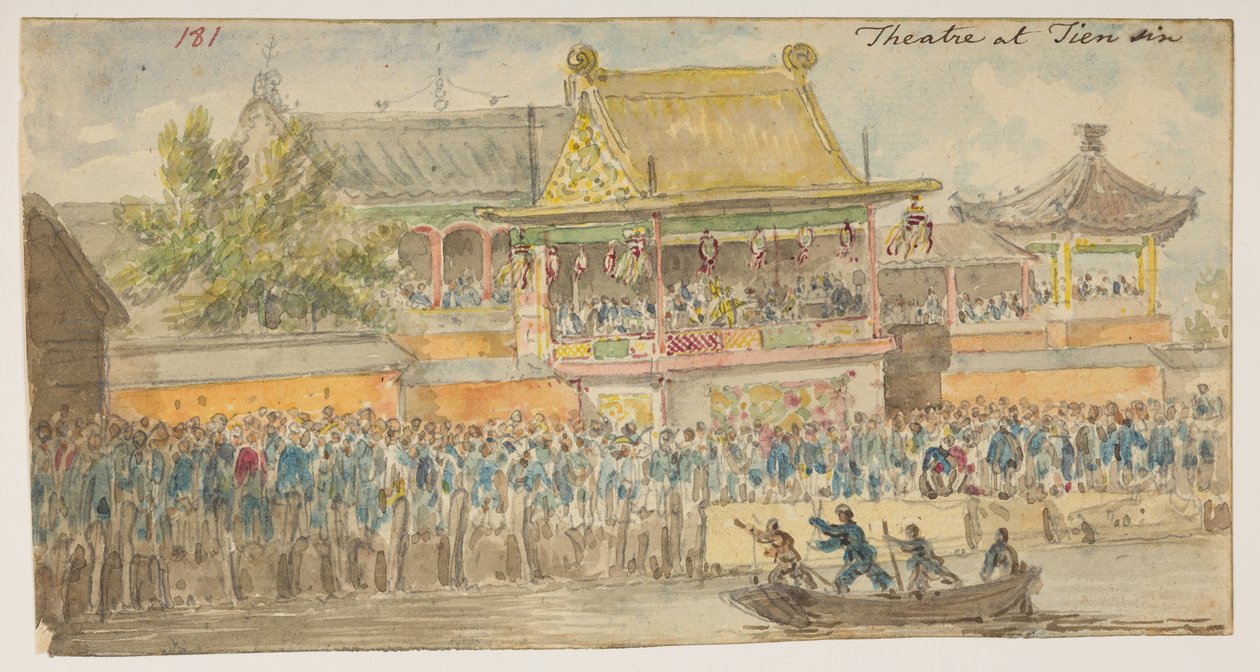 181 ‘Teater i Tien synd.’  , fra et album med 372 tegninger av landskap, kystlinjer, kostymer og hverdagsliv laget under Lord Macartneys ambassade til keiseren av Kina, mellom 1792 og 1794 (blyant og akvarell på papir) av William Alexander