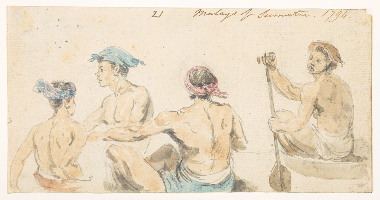 21 21 'Malayiere på Sumatra. 1794.' fra et album med 372 tegninger av landskap, kystlinjer, kostymer og hverdagsliv laget under Lord Macartneys ambassade til keiseren av Kina, mellom 1792 og 1794 (blyant og akvarell på papir) av William Alexander