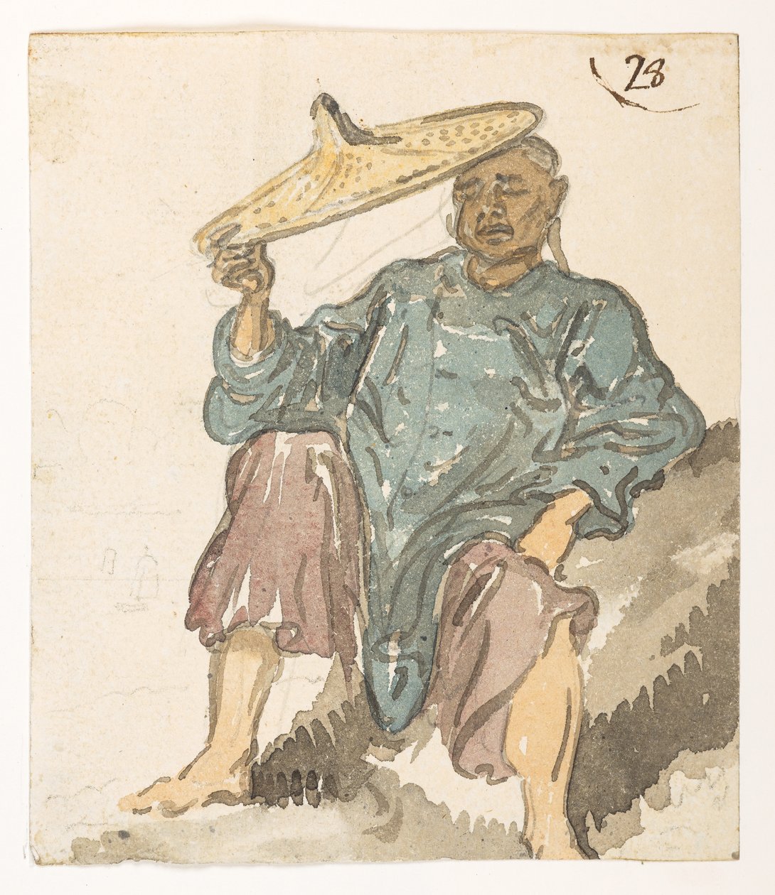 28 Sovende skikkelse, trolig fra Turonbukta.  fra et album med 372 tegninger av landskap, kystlinjer, kostymer og hverdagsliv laget under Lord Macartneys ambassade til keiseren av Kina, mellom 1792 og 1794 (blyant og akvarell på papir) av William Alexander