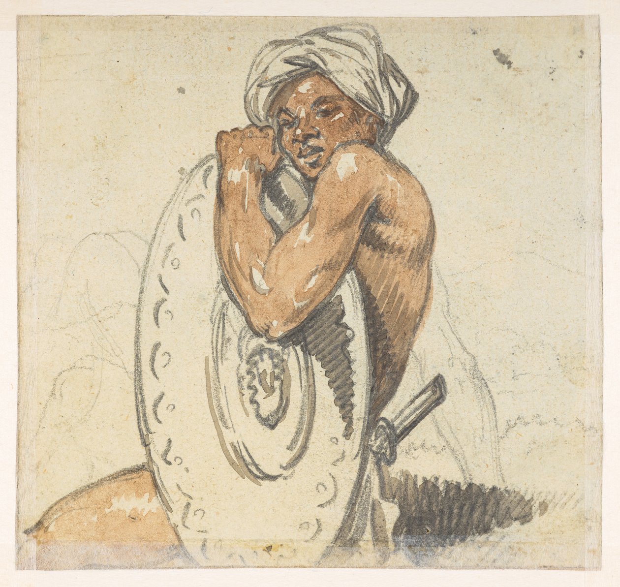 29v Ung mann med skjold. fra et album med 372 tegninger av landskap, kystlinjer, kostymer og hverdagsliv laget under Lord Macartneys ambassade til keiseren av Kina, mellom 1792 og 1794 (blyant og akvarell på papir) av William Alexander