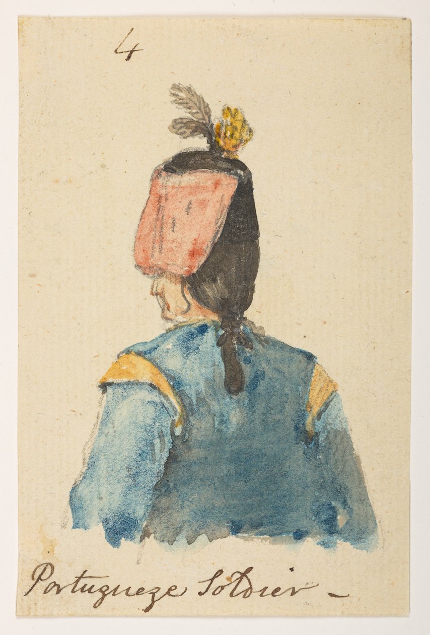 4 4' Portugisisk soldat.' fra et album med 372 tegninger av landskap, kystlinjer, kostymer og hverdagsliv laget under Lord Macartneys ambassade til keiseren av Kina, mellom 1792 og 1794 (blyant og akvarell på papir) av William Alexander