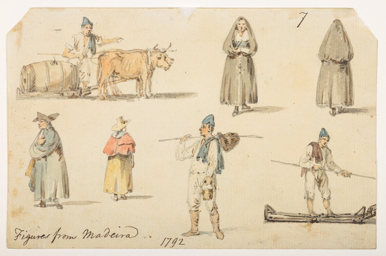 7'-figurer fra Madiera. 1792.' fra et album med 372 tegninger av landskap, kystlinjer, kostymer og hverdagsliv laget under Lord Macartneys ambassade til keiseren av Kina, mellom 1792 og 1794 (blyant og akvarell på papir) av William Alexander