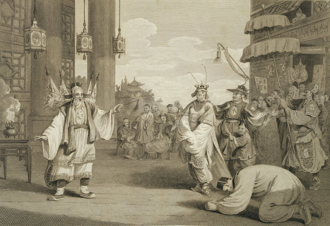 En scene i et historisk skuespill utstilt på den kinesiske scenen, gravert av puben James Heath (1757-1834). av G. Nicol, 1796 av William Alexander