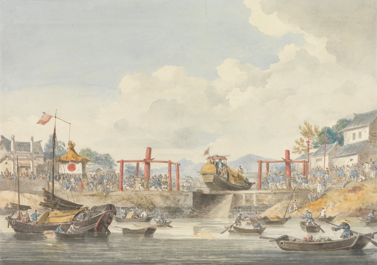 Lektere fra ambassaden blir hevet fra en kanal til en annen på vei fra Han-Tcheou-Foo til Tchu-San, 16. november 1793 av William Alexander