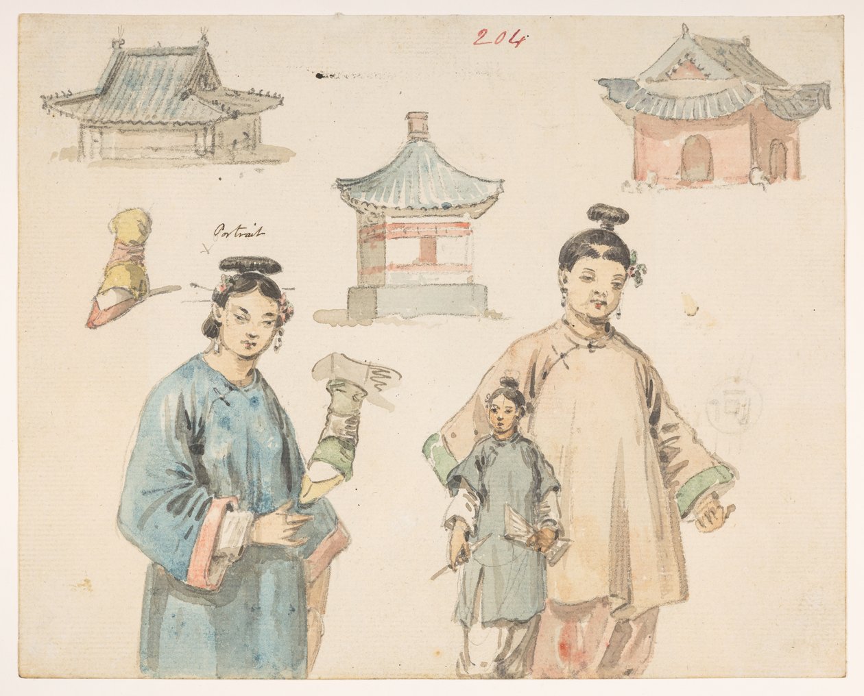 Figurstudier.Album med 278 tegninger av landskap, kystlinjer, kostymer og hverdagsliv laget under Lord Macartneys ambassade til keiseren av Kina. Mellom 1792 og 1794. Kunstner(e): Alexander, William (1767-1816) av William Alexander