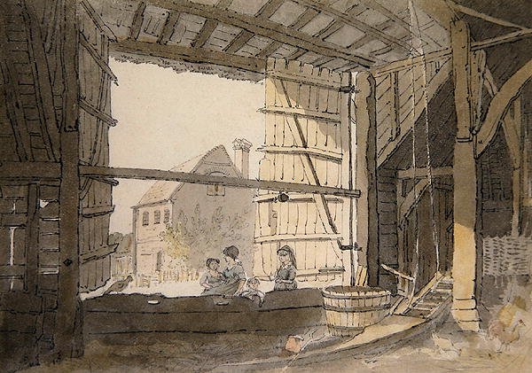 Figurer i en låvedør i Parsonage House, nær Addington, Kent (blyant og akvarell på papir) av William Alexander