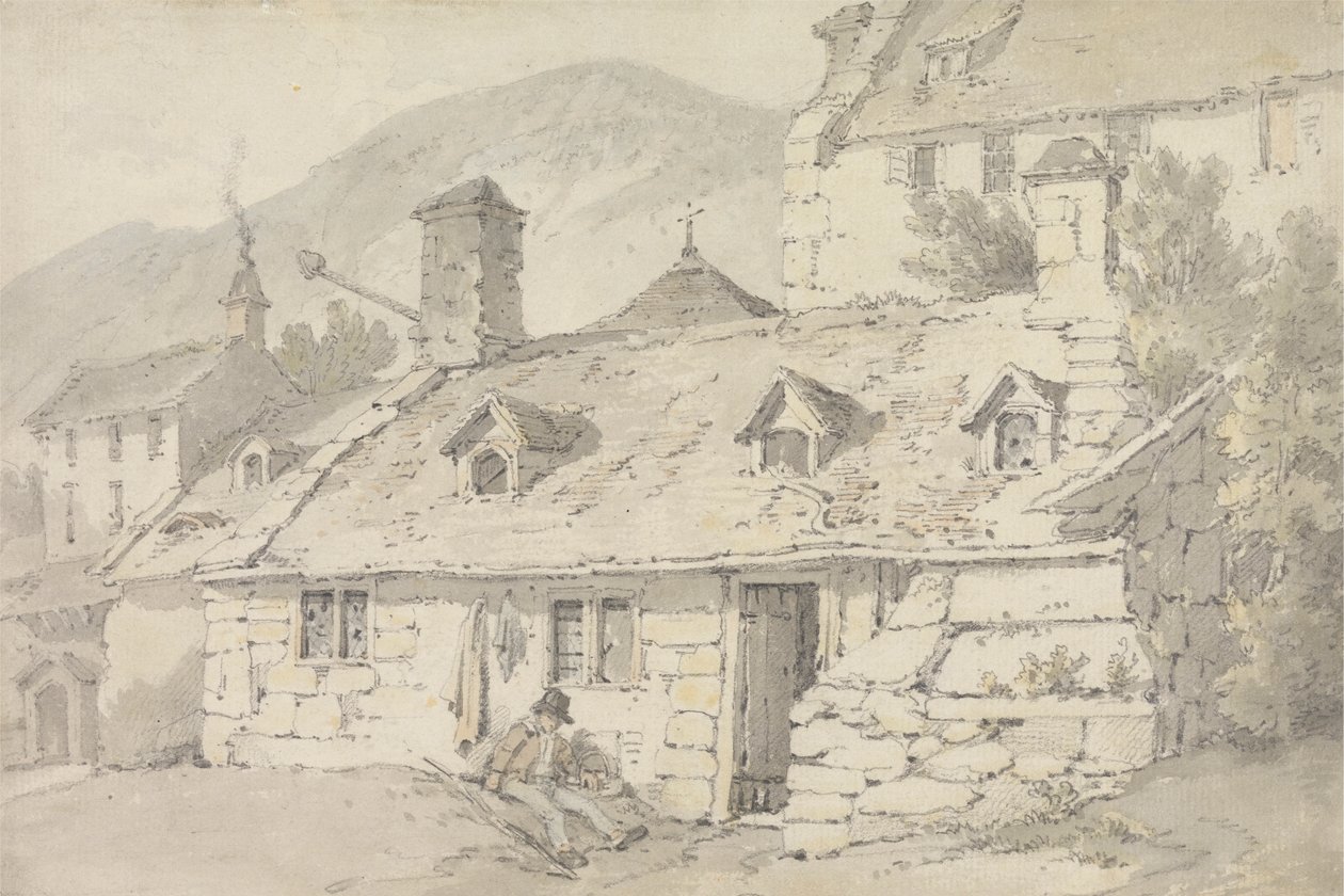 Steinhytter i et fjellandskap med en figur i forgrunnen av William Alexander
