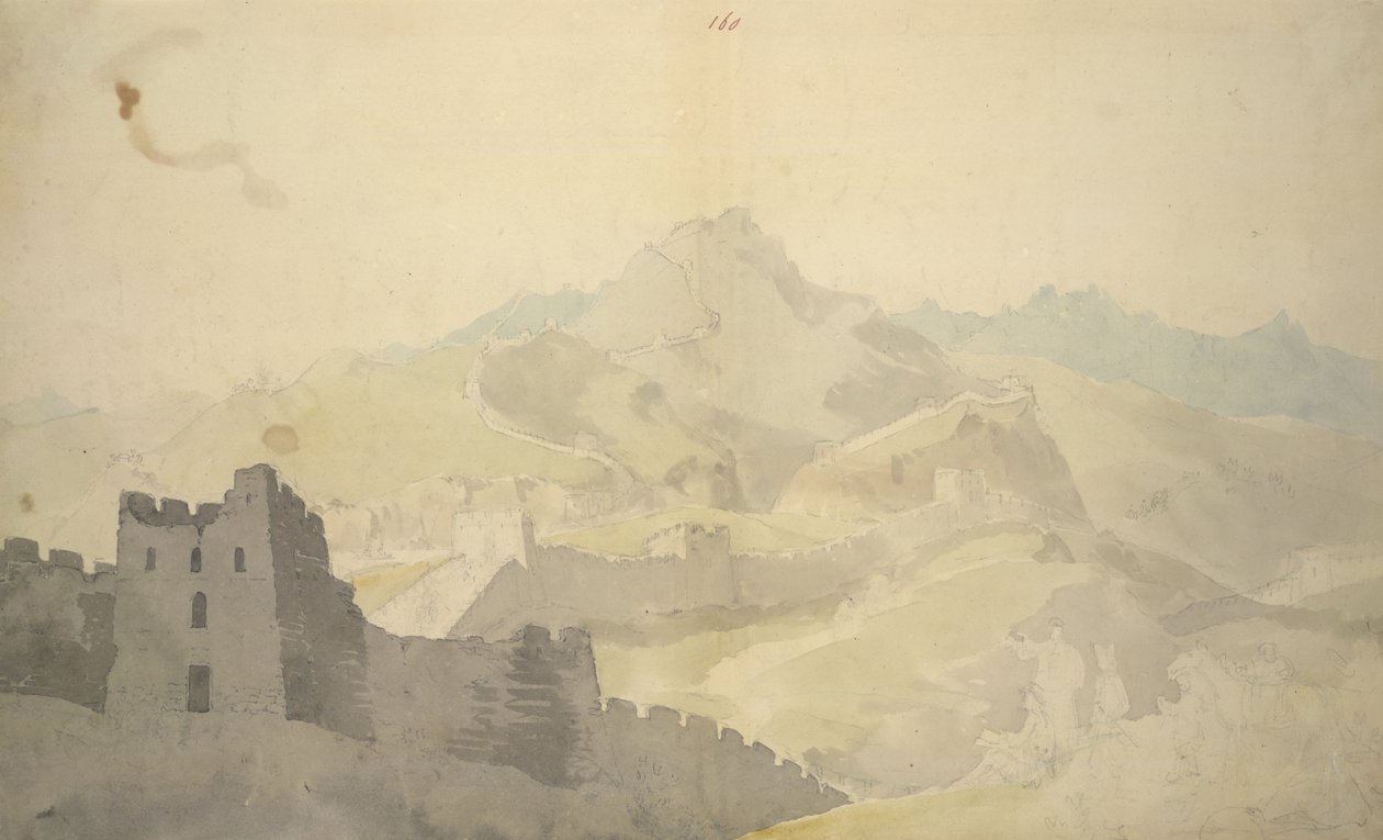 Den kinesiske mur, fra album med 220 tegninger, hovedsakelig profiler av kystlinjer, kostymer og hverdagsliv laget under Lord Macartneys ambassade til keiseren av Kina, WD 961, f.60 av William Alexander