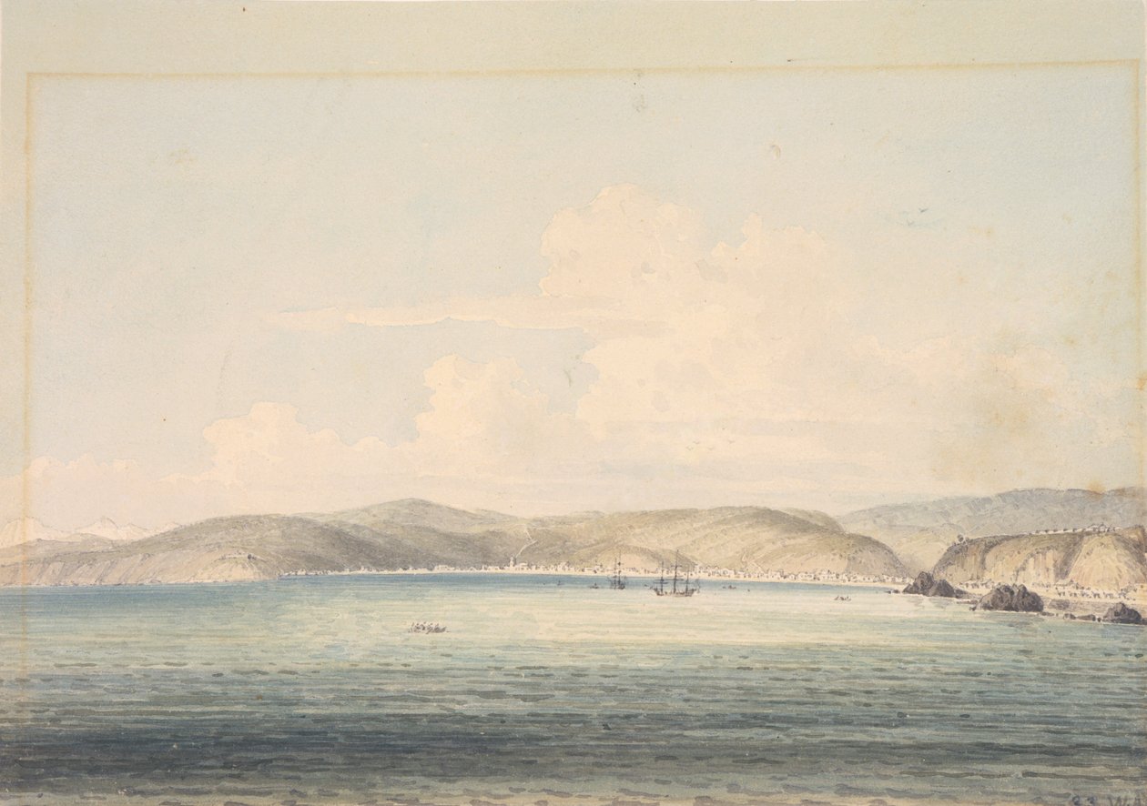 Landsbyen Almandral i Valparaiso-bukten, med utsikt over Andesfjellene av William Alexander