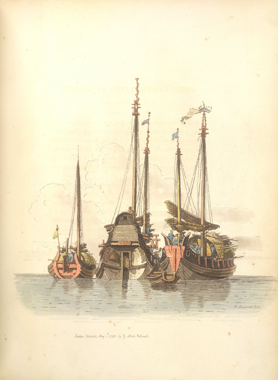 Tre fartøyer ligger for anker av William Alexander