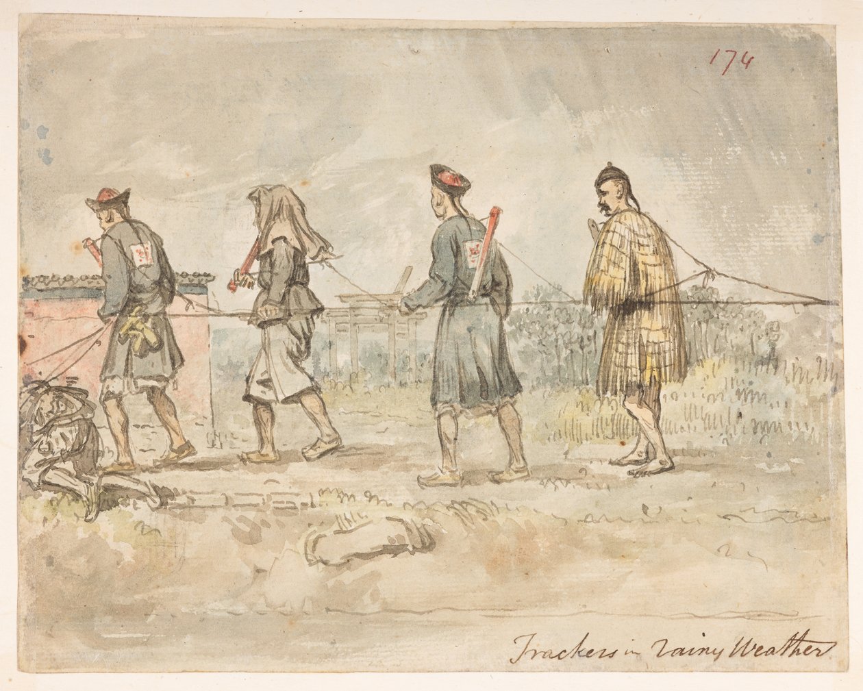 Sporer i regnvær, fra et album med 278 tegninger av landskap, kystlinjer, kostymer og hverdagsliv laget under Lord Macartneys ambassade til keiseren av Kina (blyant og akvarell på papir) av William Alexander