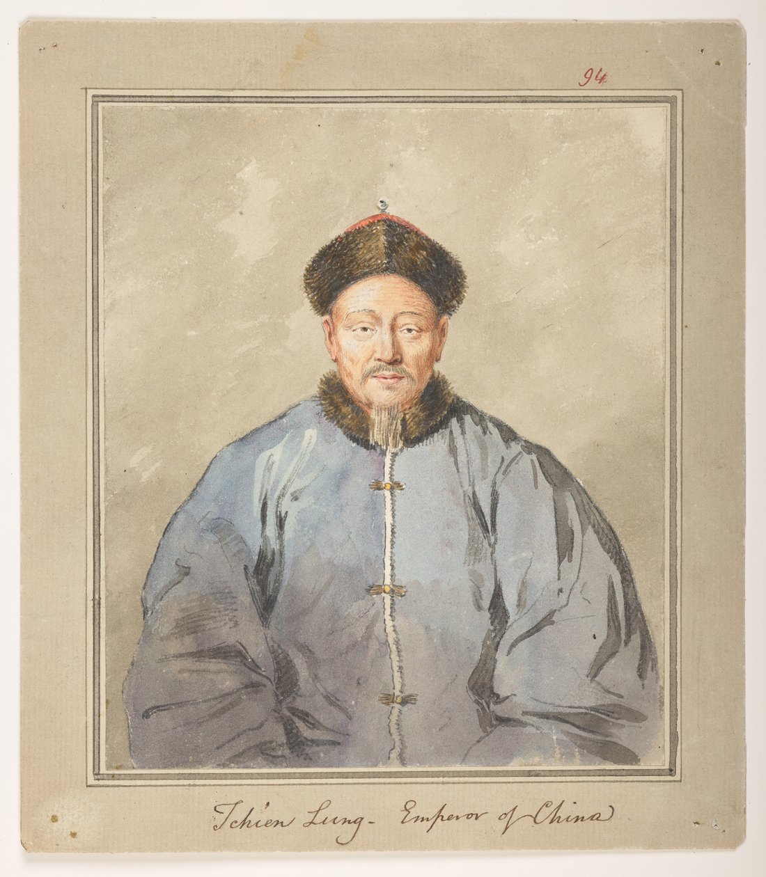 WD 959 seksjon 1 f.94, Tchien Lung, keiser av Kina, c1793. Portrett av keiser Ch#39;ien-lunge av Kina, iført pelshatt og pelsstrimmet jakke. av William Alexander