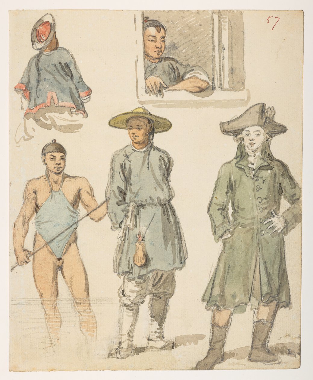f.11 57 Studier av kinesisk,  fra et album med 372 tegninger av landskap, kystlinjer, kostymer og hverdagsliv laget under Lord Macartneys ambassade til keiseren av Kina, mellom 1792 og 1794 (blyant og akvarell på papir) av William Alexander