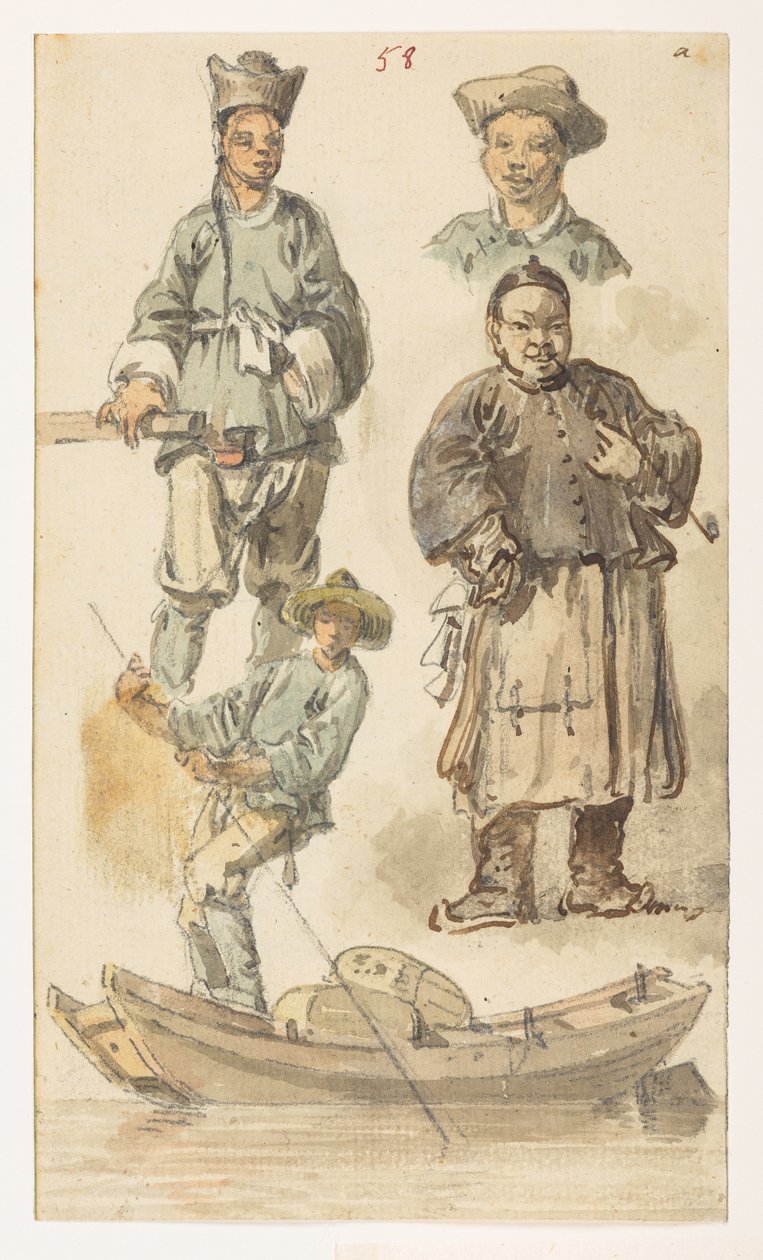 f.11 58 Studier av kinesisk,  fra et album med 372 tegninger av landskap, kystlinjer, kostymer og hverdagsliv laget under Lord Macartneys ambassade til keiseren av Kina, mellom 1792 og 1794 (blyant og akvarell på papir) av William Alexander