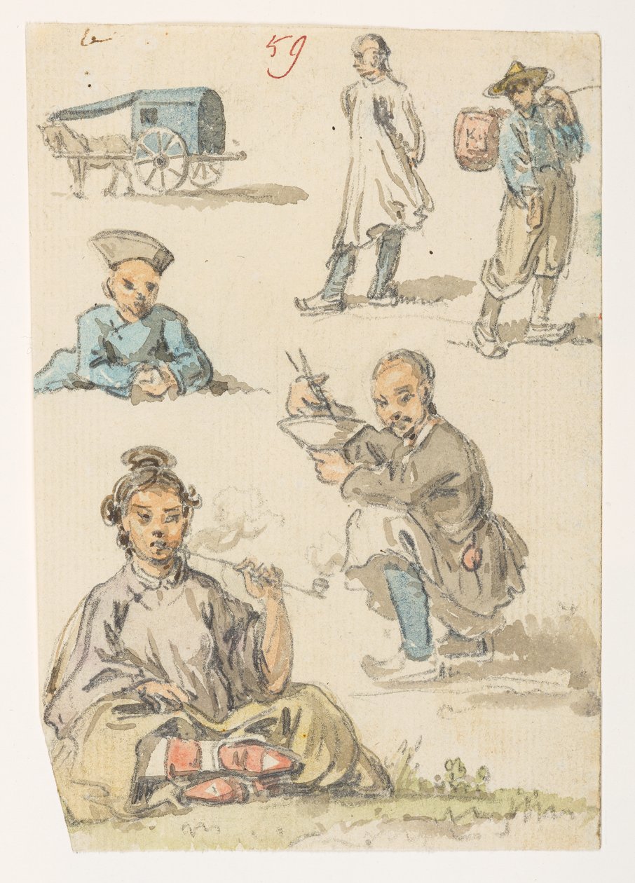 f.11 59 Studier av kinesisk,  fra et album med 372 tegninger av landskap, kystlinjer, kostymer og hverdagsliv laget under Lord Macartneys ambassade til keiseren av Kina, mellom 1792 og 1794 (blyant og akvarell på papir) av William Alexander