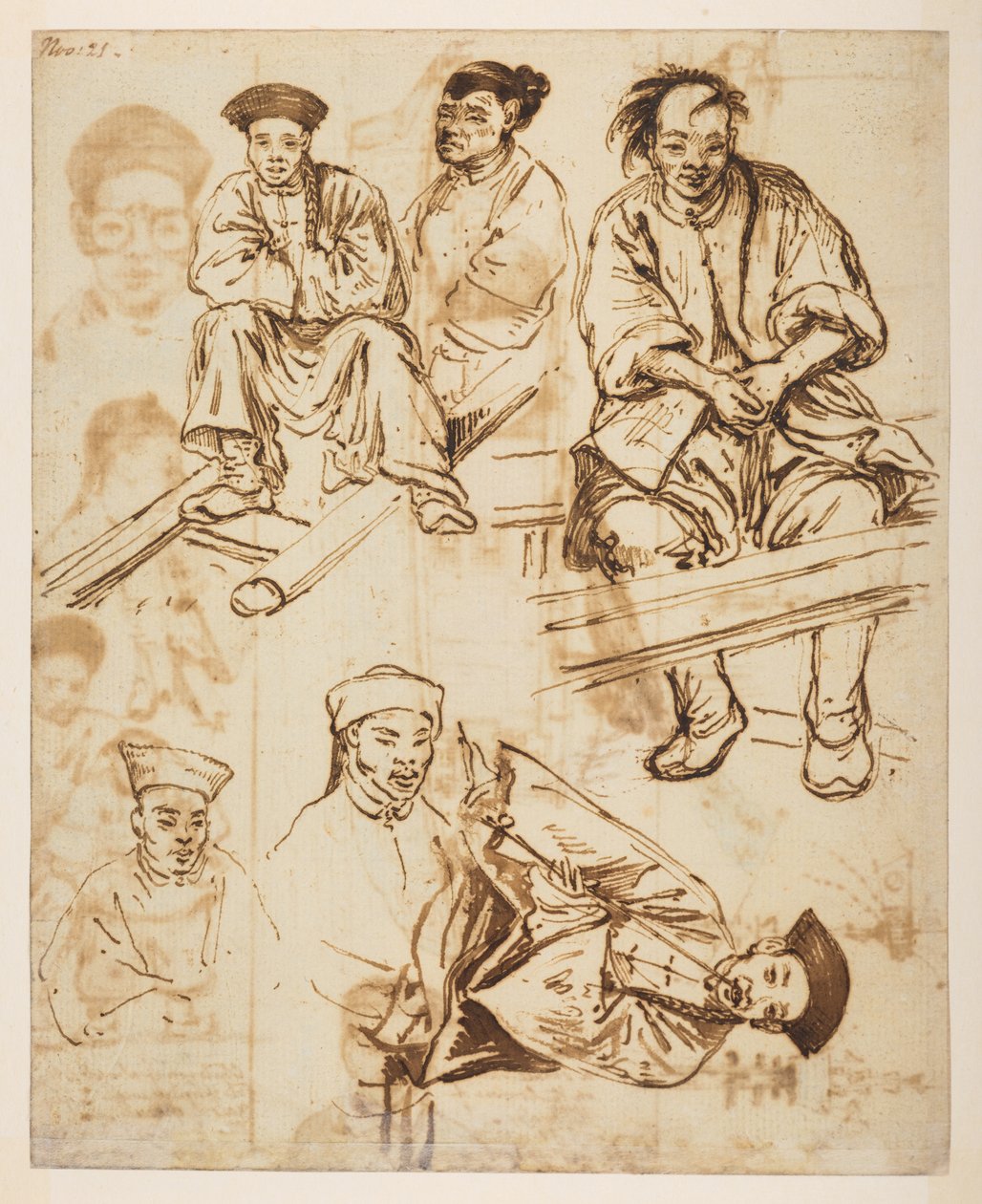 [f.57 140v Figurstudier, kinesiske menn. ‘21. nov.’, fra et album med 372 tegninger av landskap, kystlinjer, kostymer og hverdagsliv laget under Lord Macartneys ambassade til keiseren av Kina, mellom 1792 og 1794 (blyant og akvarell på papir) av William Alexander
