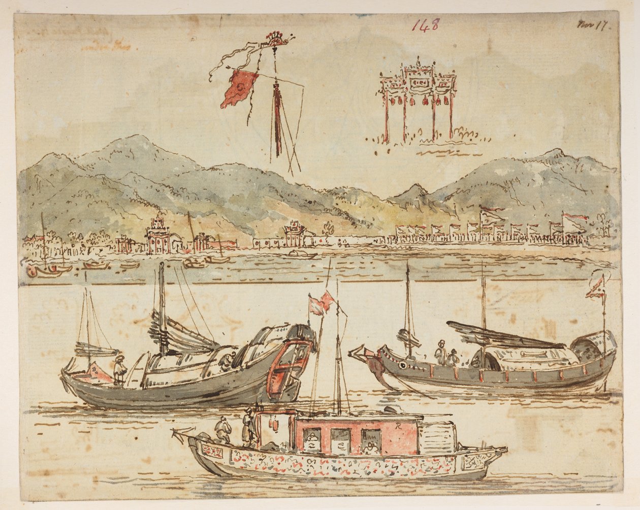 f.59 148 Båter og triumfbuer.  , fra et album med 372 tegninger av landskap, kystlinjer, kostymer og hverdagsliv laget under Lord Macartneys ambassade til keiseren av Kina, mellom 1792 og 1794 (blyant og akvarell på papir) av William Alexander