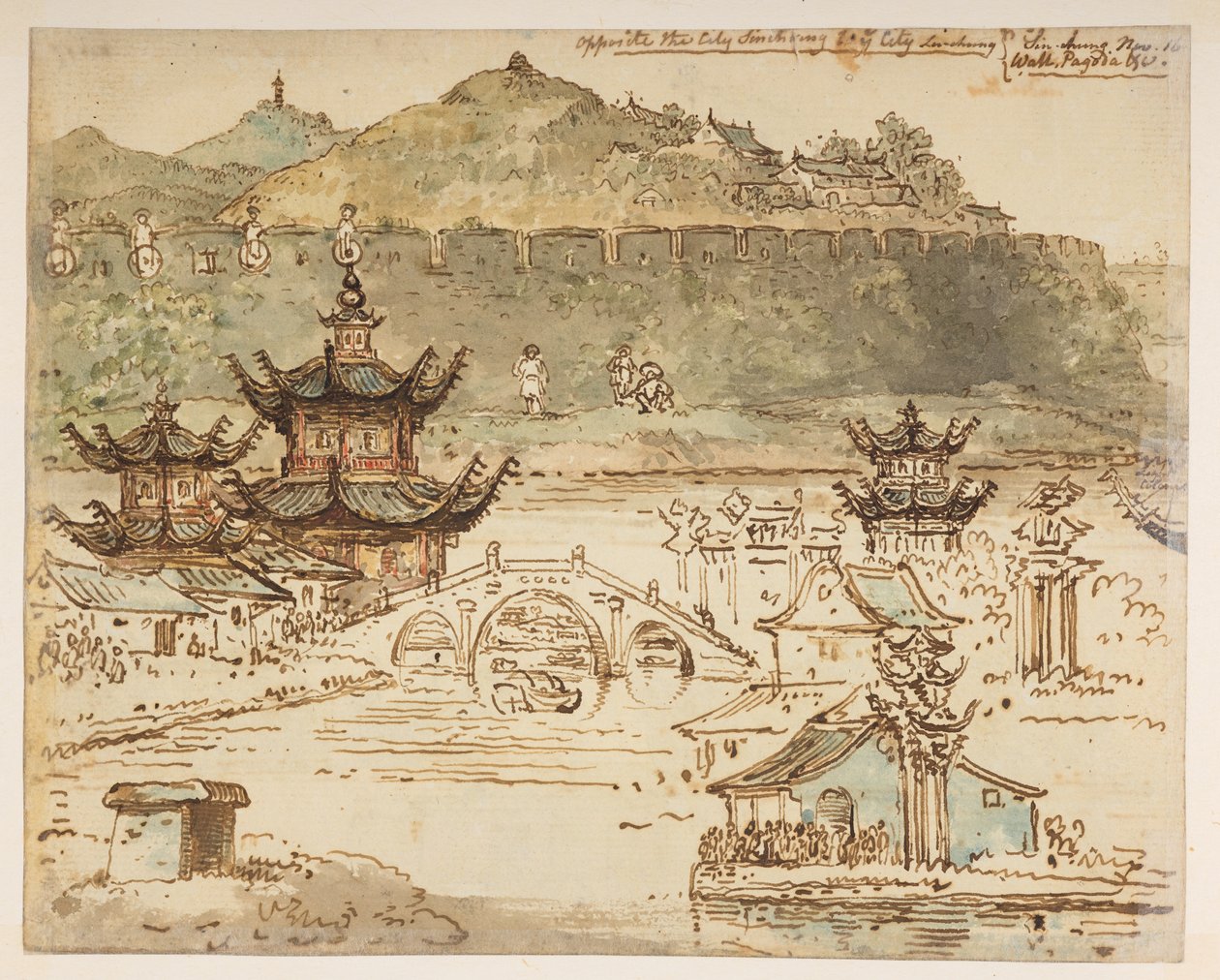 f.59 148v ‘Motsatt byen Shin-ring i ye City Liu-shung. Sin-chung 16. nov. Wall, Pagoda etc.’, fra et album med 372 tegninger av landskap, kystlinjer, kostymer og hverdagsliv laget under Lord Macartneys ambassade til keiseren av Kina, mellom 179 av William Alexander