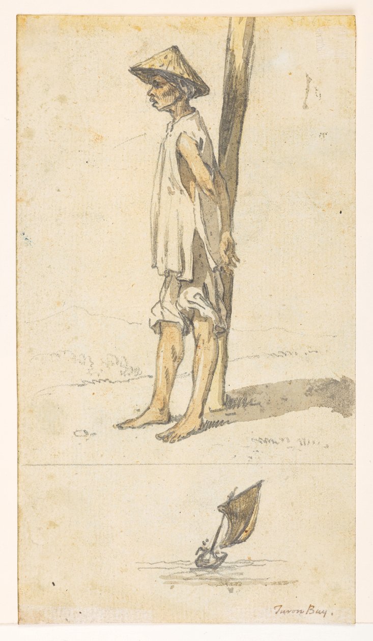f.5 32v Ung mann lent mot et tre;en båt. "Turon Bay." fra et album med 372 tegninger av landskap, kystlinjer, kostymer og hverdagsliv laget under Lord Macartneys ambassade til keiseren av Kina, mellom 1792 og 1794 (blyant og akvarell på s. av William Alexander