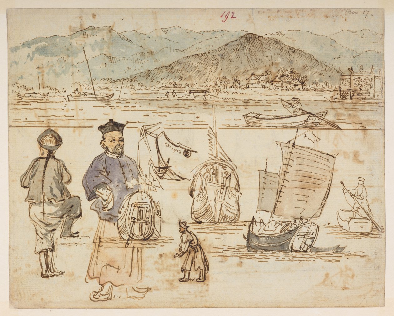f.67 192 Figurstudier, med båter inkludert i 192. , fra et album med 372 tegninger av landskap, kystlinjer, kostymer og hverdagsliv laget under Lord Macartneys ambassade til keiseren av Kina, mellom 1792 og 1794 (blyant og akvarell på papir ) av William Alexander