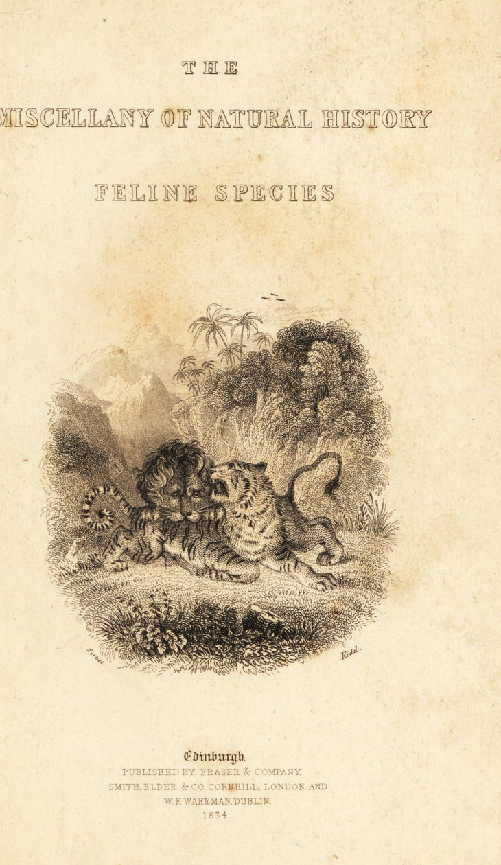 Tittelblad med vignett av en løve som angriper en tiger. ,1834 (gravering) av William Alexander Forbes