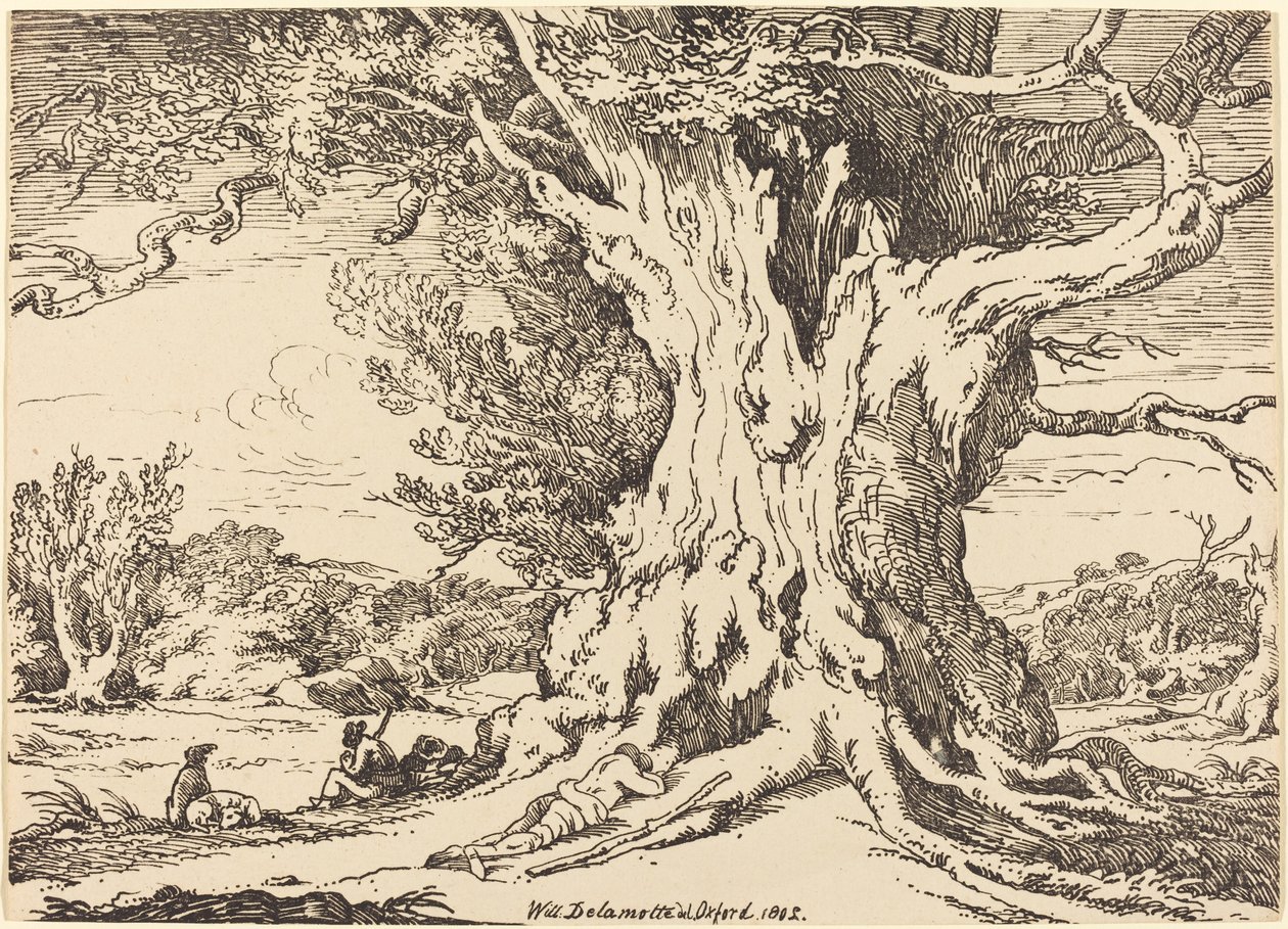 Hviler, menn og hunder under et stort tre av William Alfred Delamotte