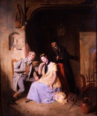 En frier med sin elsker blir presset av kusken for en rask ferie (olje på panel) av William Allan