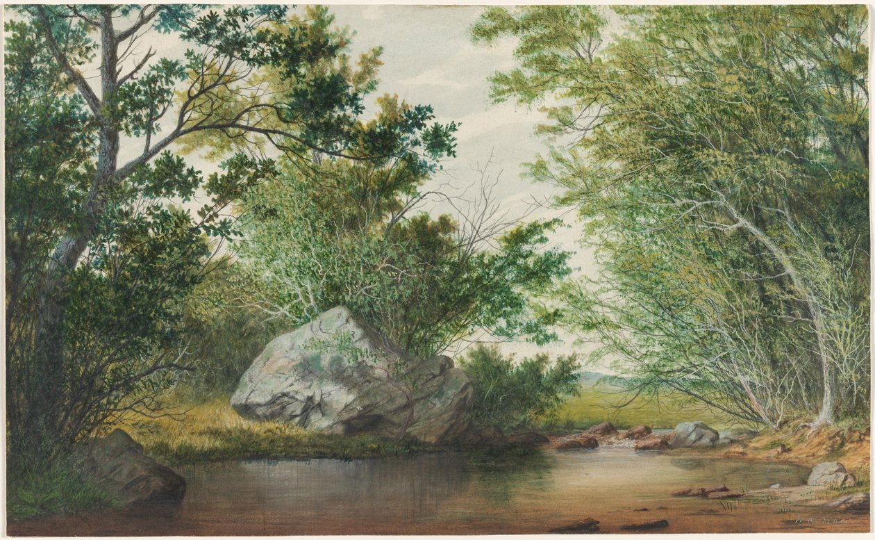 Landskap med skogkledd bekk og steinblokk av William Allen Wall