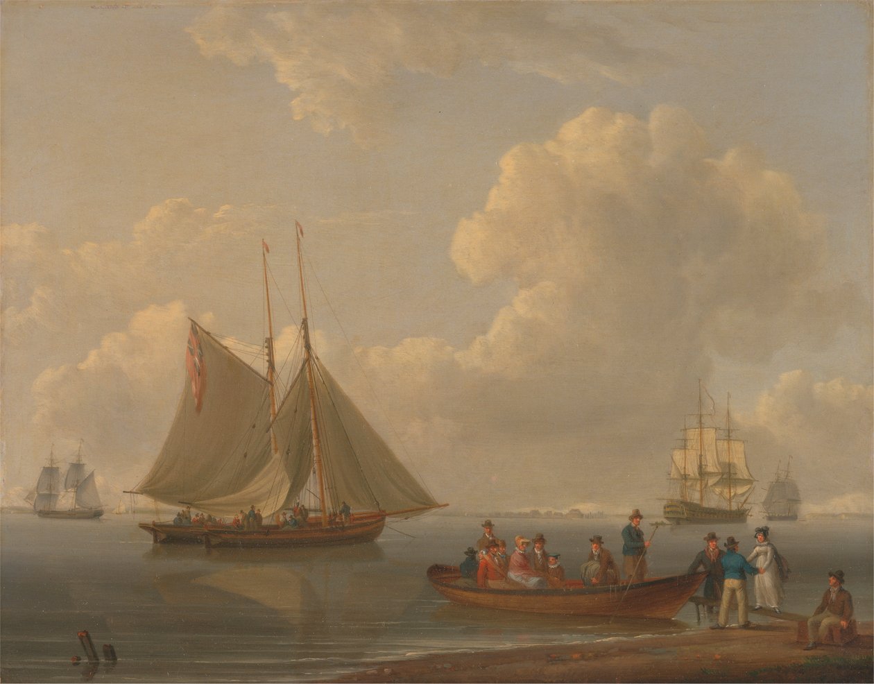 A Wherry tar passasjerer ut til to forankrede pakker av William Anderson
