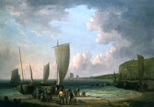 Et kystlandskap med fiskere som losser av William Anderson