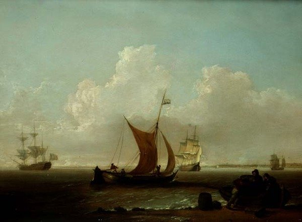 Nederlandsk frakt utenfor kysten av Holland med fiskere som laster en båt fra land av William Anderson