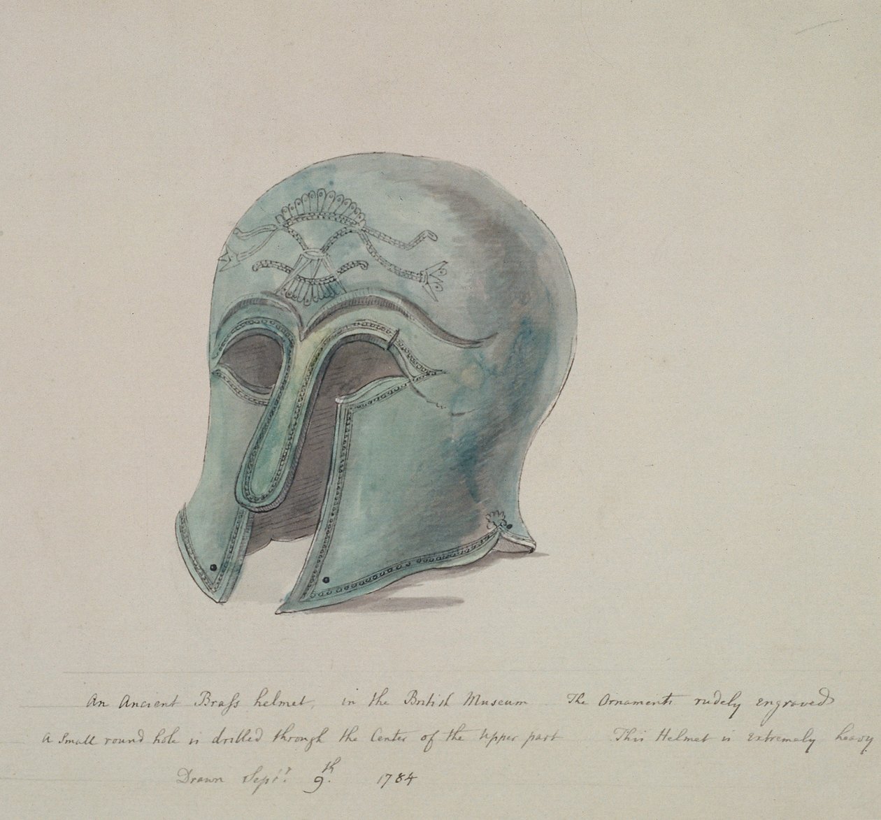 Gammel messinghjelm fra British Museum, Holborn, London, 1784 av William Angus