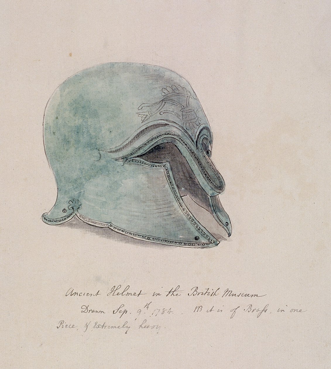 Gammel messinghjelm fra British Museum, Holborn, London, 1784 av William Angus